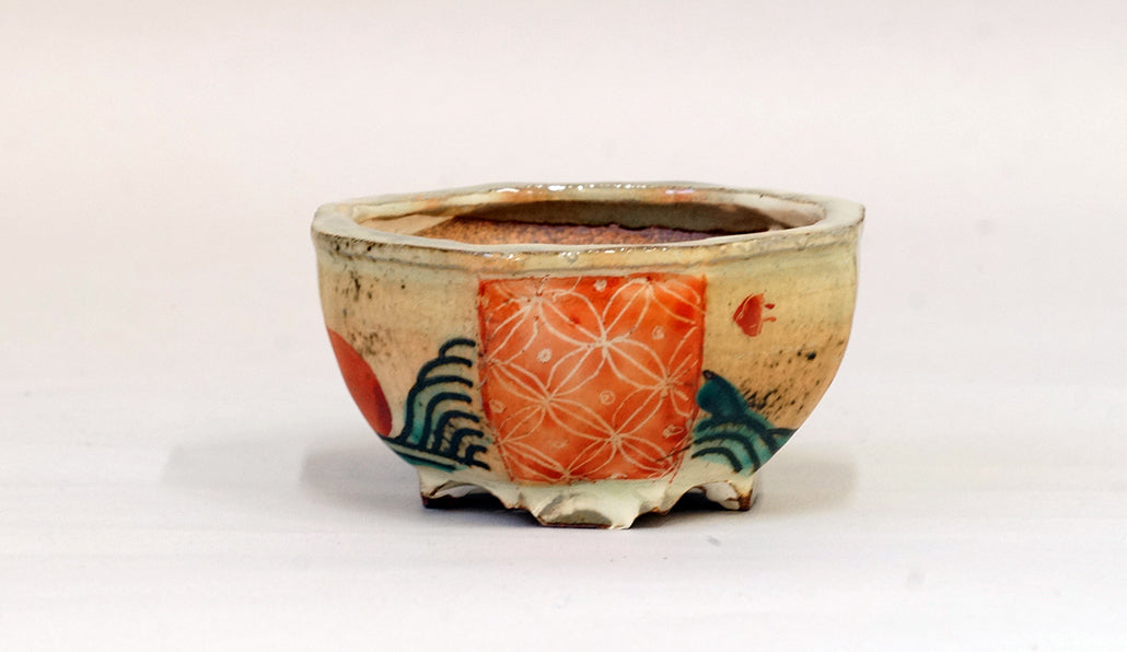 Gassan Octagonal Red Painting Pot with Sun & Chidori 3.7"(9.5cm) G161 +++ Shipping Free