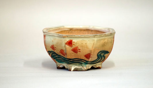 Gassan Octagonal Red Painting Pot with Chidori 3.7"(9.5cm) G162 +++ Shipping Free