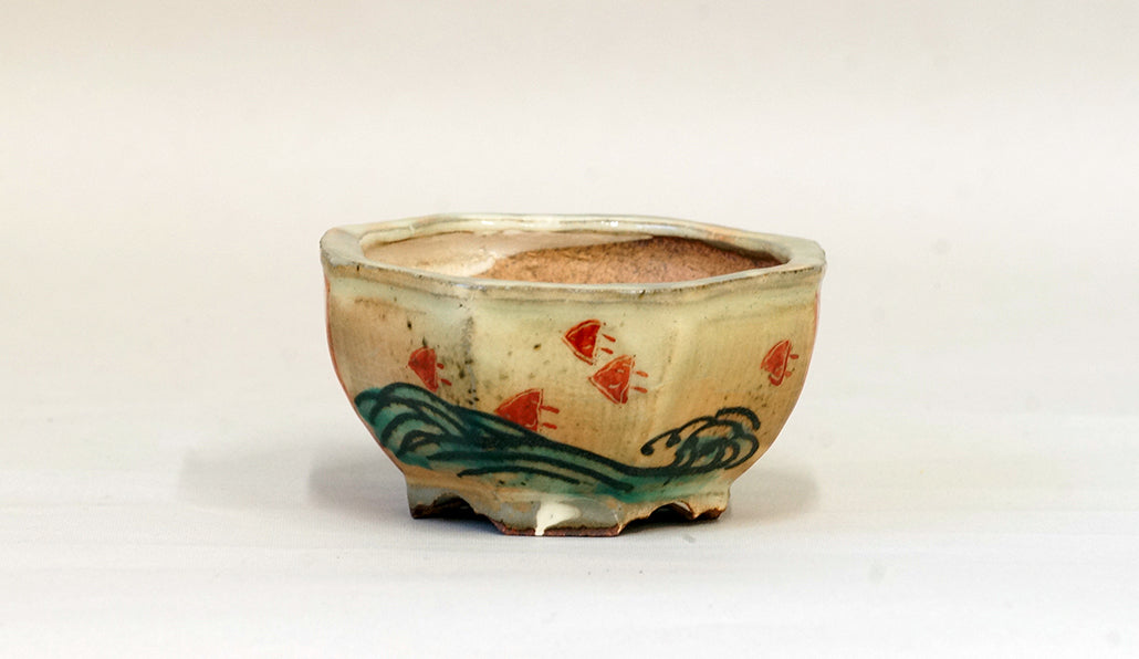 Gassan Octagonal Red Painting Pot with Chidori 3.7"(9.5cm) G163 +++ Shipping Free