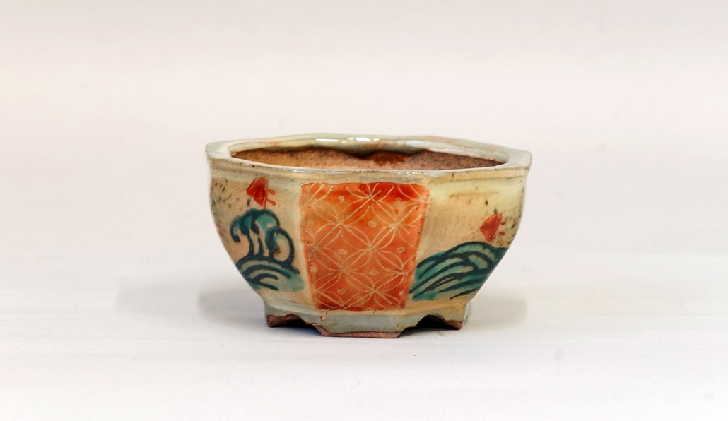 Gassan Octagonal Red Painting Pot with Chidori 3.7"(9.5cm) G163 +++ Shipping Free