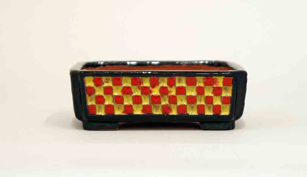 Kei Mame Bonsai Pot with Red & Yellow checkered pattern 3.4"(8.7cm) +++Shipping Free