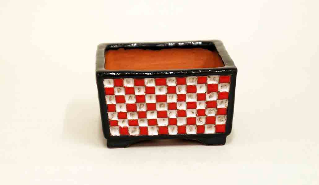 Kei Square Bonsai Pot with Red & White checkered pattern 3.1"(8cm) +++Shipping Free