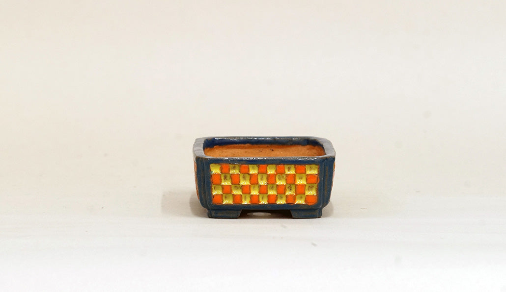 Kei Rectangle Bonsai Pot with Orange & Yellow checkered pattern 3.4"(8.7cm) K008 +++Shipping Free