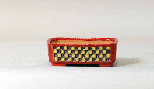 Kei Rectangle Bonsai Pot with Blue & Yellow checkered pattern 3.4"(8.7cm) K009 +++Shipping Free