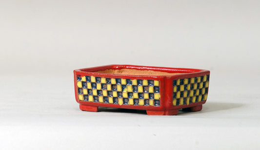 Kei Rectangle Bonsai Pot with Blue & Yellow checkered pattern 3.4"(8.7cm) K009 +++Shipping Free