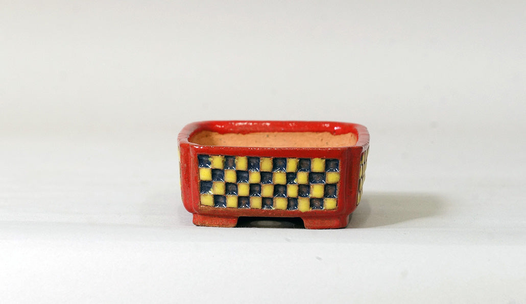 Kei Rectangle Bonsai Pot with Blue & Yellow checkered pattern 3.4"(8.7cm) K009 +++Shipping Free