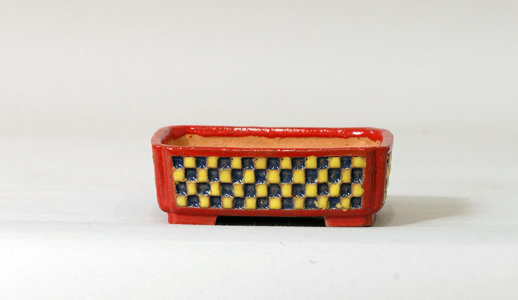 Kei Rectangle Bonsai Pot with Blue & Yellow checkered pattern 3.4"(8.7cm) K009 +++Shipping Free