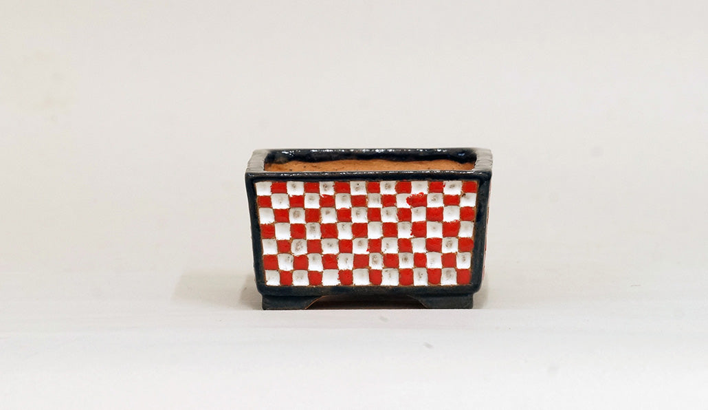 Kei Square Bonsai Pot with White & Red checkered pattern 2.9"(7.6cm) K010 +++Shipping Free