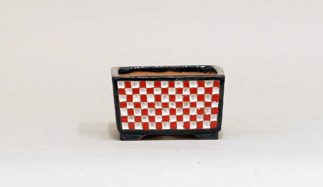 Kei Square Bonsai Pot with White & Red checkered pattern 2.9"(7.6cm) K010 +++Shipping Free