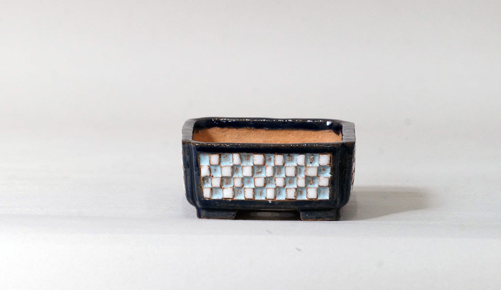 Kei Rectangle Bonsai Pot with White & Blue checkered pattern 3.4"(8.7cm) K011 +++Shipping Free