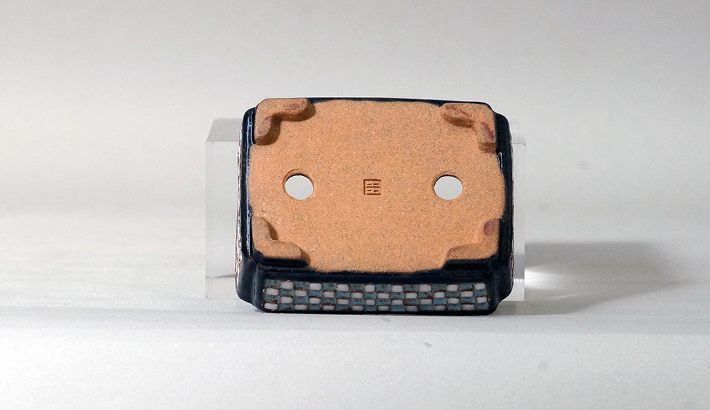 Kei Rectangle Bonsai Pot with White & Blue checkered pattern 3.4"(8.7cm) K011 +++Shipping Free