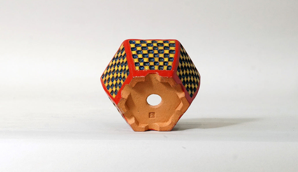 Kei Hexagonal Bonsai Pot with Yellow & Blue checkered pattern 3.5"(9cm) K013 +++Shipping Free