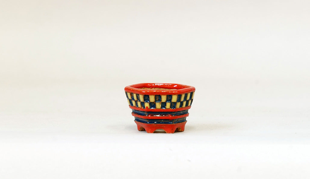 Kei Hexagonal Mame Bonsai Pot with Yellow & Blue checkered pattern 1.6"(4.2cm) K014 +++Shipping Free