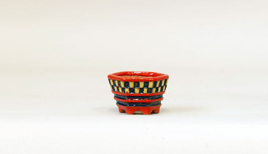 Kei Hexagonal Mame Bonsai Pot with Yellow & Blue checkered pattern 1.6"(4.2cm) K014 +++Shipping Free