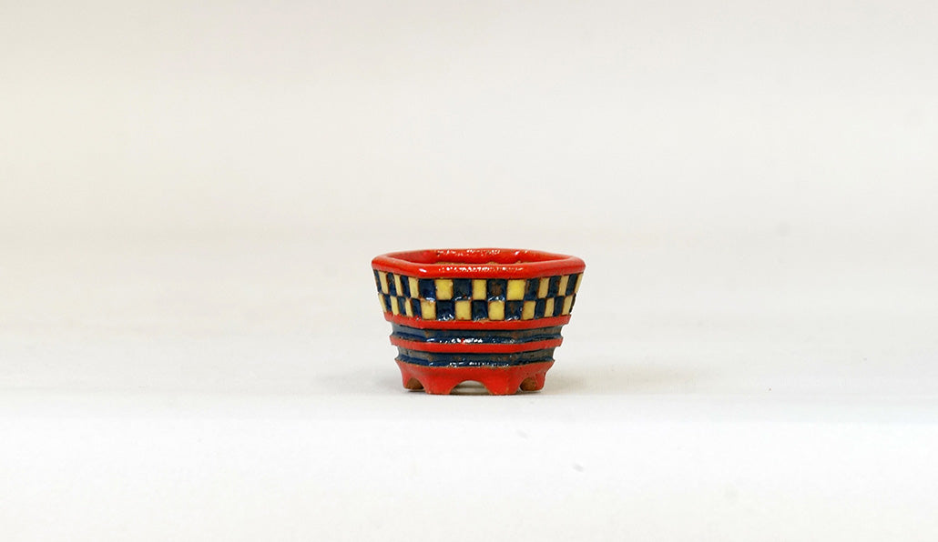 Kei Hexagonal Mame Bonsai Pot with Yellow & Blue checkered pattern 1.6"(4.2cm) K014 +++Shipping Free