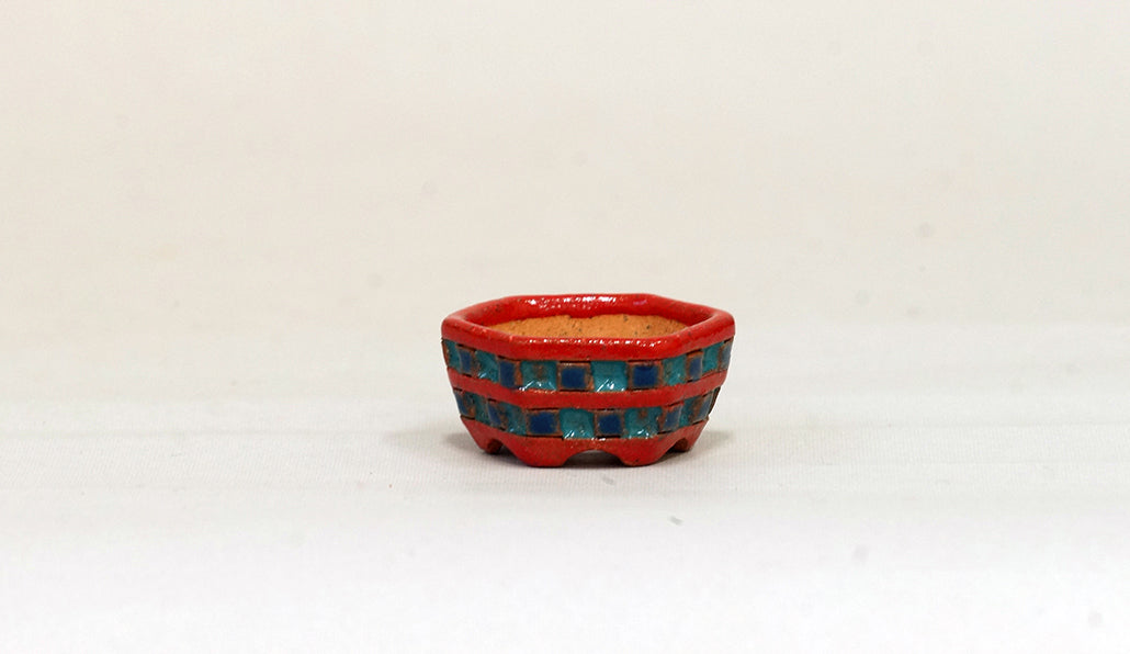 Kei Hexagonal Mame Bonsai Pot with Red & Blue pattern 1.4"(3.8cm) K015 +++Shipping Free