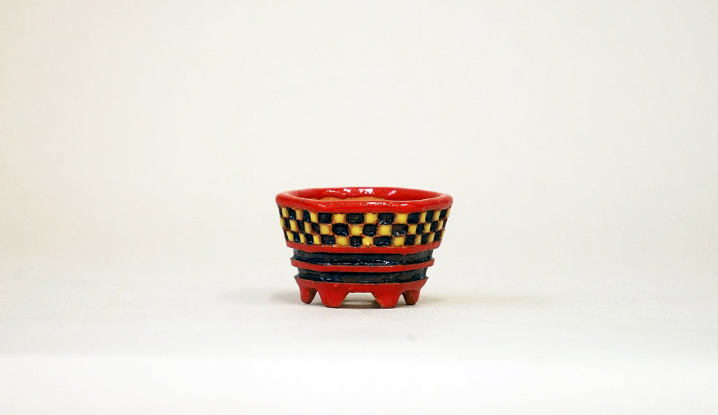 Kei Hexagonal Mame Bonsai Pot with Yellow & Blue checkered pattern 1.6"(4.2cm) K020 +++ Shipping Free