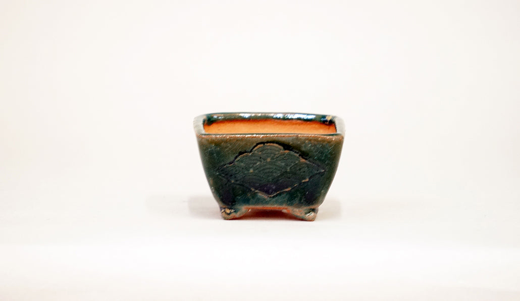 Kei Square Bonsai Pot with Seigaiha pattern in Oribe Glaze 2.7"(6.8cm) K022 +++Shipping Free