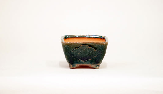 Kei Square Bonsai Pot with Seigaiha pattern in Oribe Glaze 2.7"(6.8cm) K022 +++Shipping Free