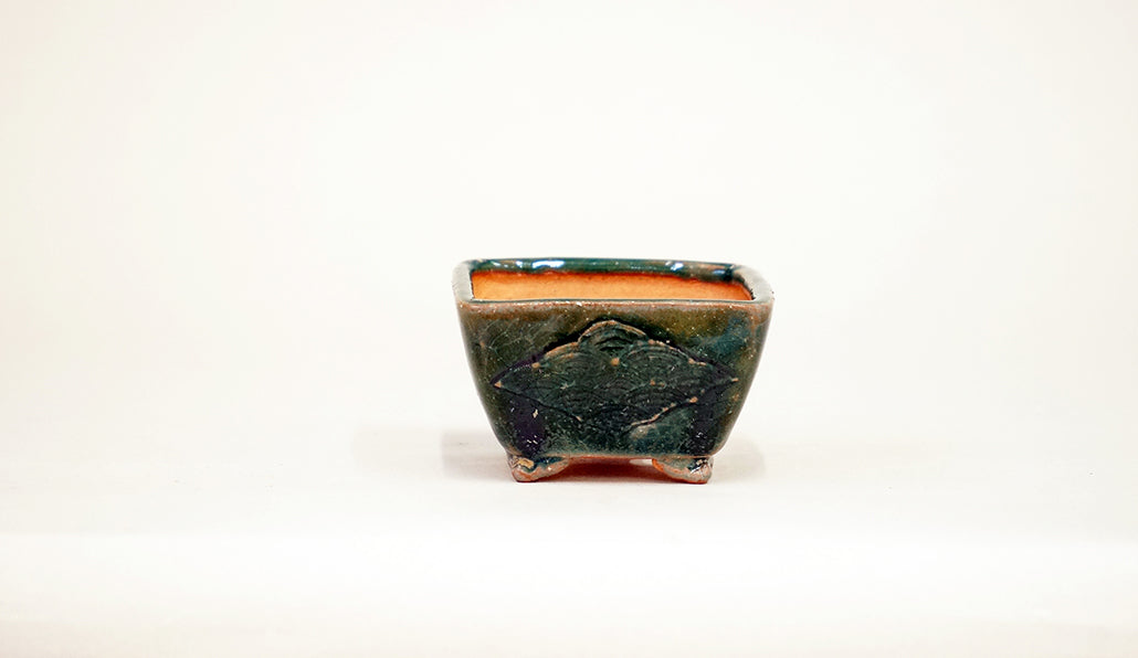 Kei Square Bonsai Pot with Seigaiha pattern in Oribe Glaze 2.7"(6.8cm) K022 +++Shipping Free