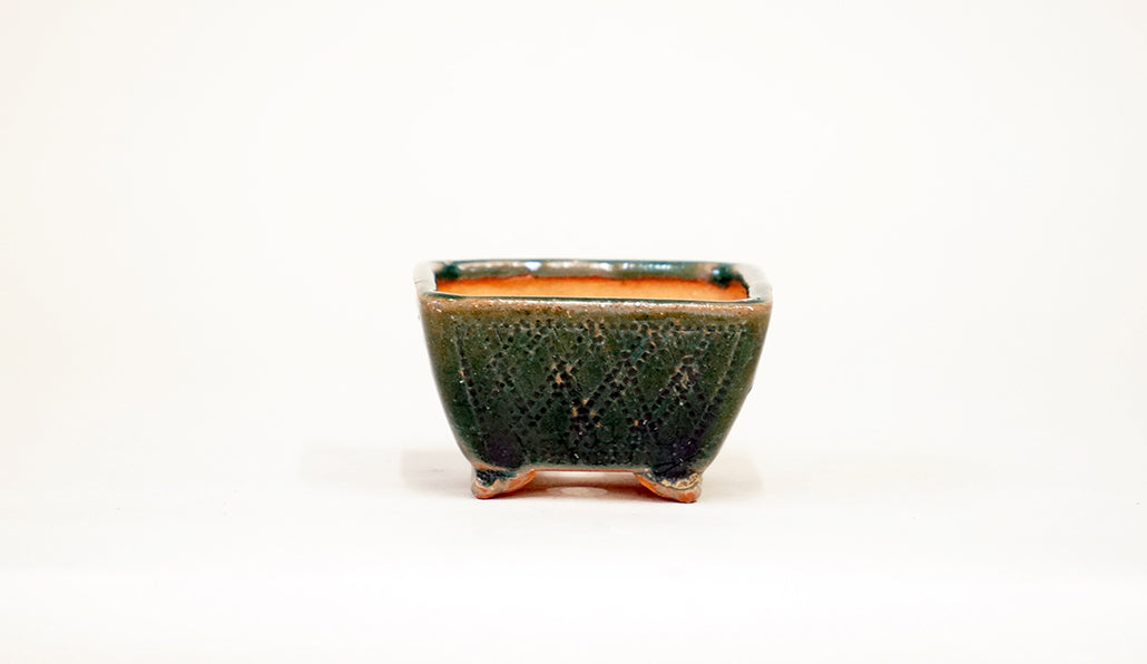 Kei Square Bonsai Pot with Seigaiha pattern in Oribe Glaze 2.7"(6.8cm) K022 +++Shipping Free