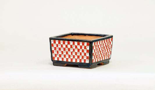 Kei Square Bonsai Pot with White & Red checkered pattern 2.9"(7.6cm) K026 +++Shipping Free