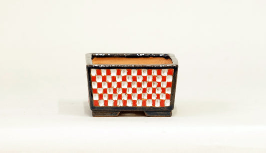 Kei Square Bonsai Pot with White & Red checkered pattern 2.9"(7.6cm) K026 +++Shipping Free