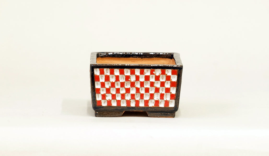 Kei Square Bonsai Pot with White & Red checkered pattern 2.9"(7.6cm) K026 +++Shipping Free