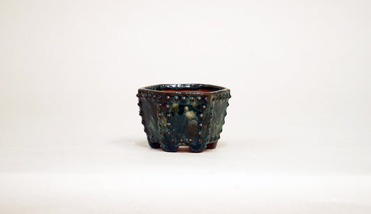 Kei Deep Green Glazed Hexagonal Bonsai Pot with Studded Design 2.2"(5.5cm) K025 +++Shipping Free