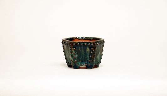 Kei Deep Green Glazed Hexagonal Bonsai Pot with Studded Design 2.2"(5.5cm) K025 +++Shipping Free