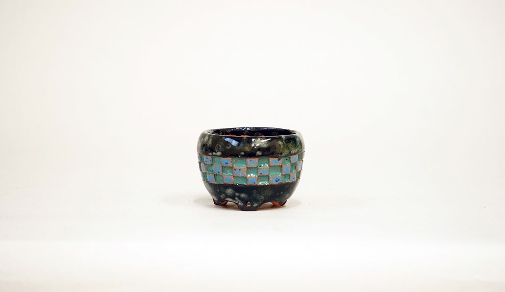 Kei Namako Glazed Bonsai Pot with Checkered pattern 1.9"(4.9cm) K026 +++Shipping Free