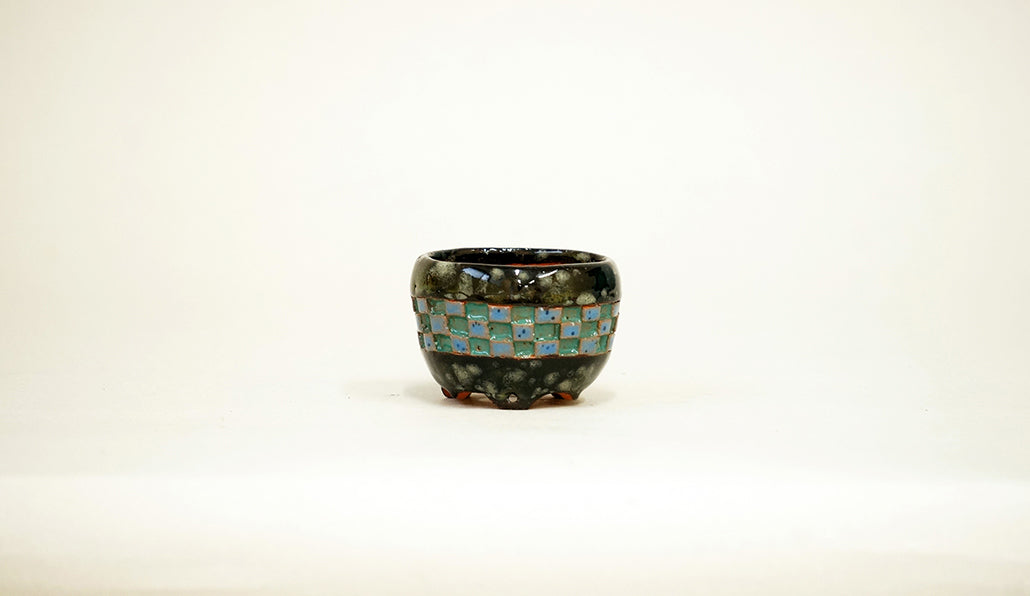 Kei Namako Glazed Bonsai Pot with Checkered pattern 1.9"(4.9cm) K026 +++Shipping Free