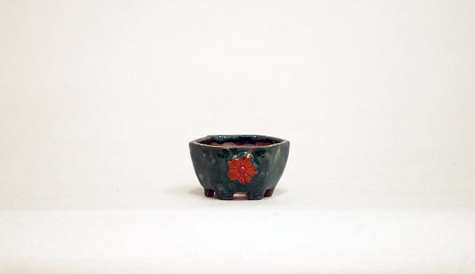 Kei Mini Deep Green Bonsai Pot with Flower Relief 1.46"(3.7cm) K038