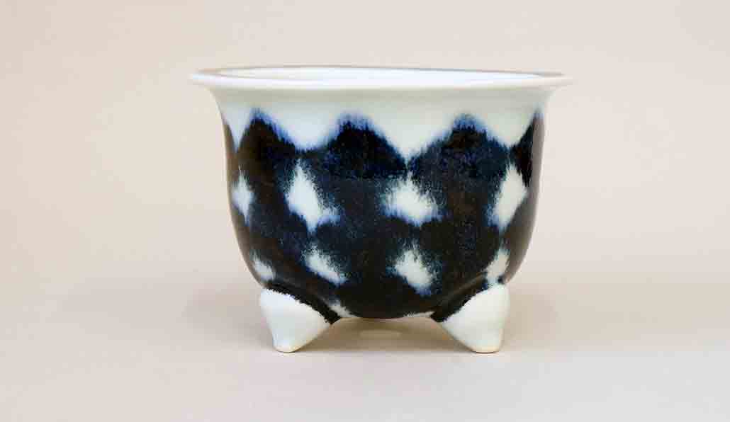 Yuka Bonsai Pot with the Painting of blue rhombus Pattern 4.3"(11cm) +++ Shipping Free