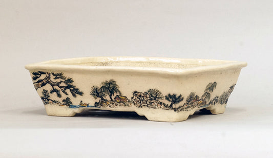 Painted Bonsai Pot with the countryside scenery by Bunzan 8.9"(22.8cm)B079 +++ Shipping Free　