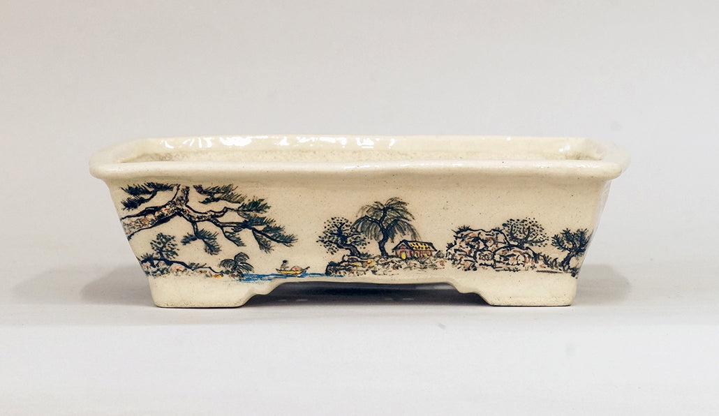 Painted Bonsai Pot with the countryside scenery by Bunzan 8.9"(22.8cm)B079 +++ Shipping Free　