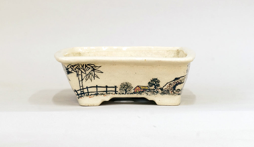 Painted Bonsai Pot with the countryside scenery by Bunzan 8.9"(22.8cm)B079 +++ Shipping Free　