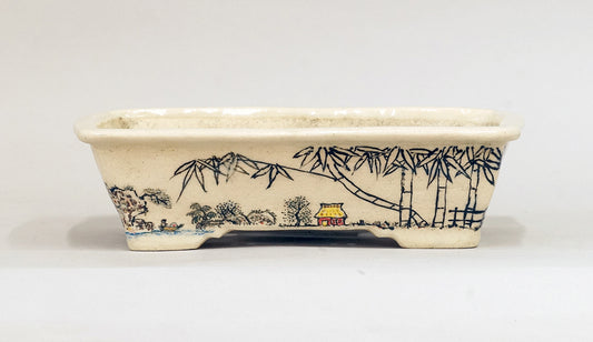 Painted Bonsai Pot with the countryside scenery by Bunzan 8.9"(22.8cm)B079 +++ Shipping Free　