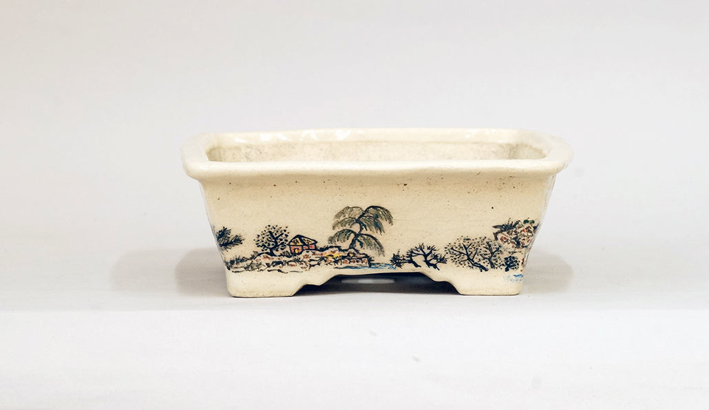 Painted Bonsai Pot with the countryside scenery by Bunzan 8.9"(22.8cm)B079 +++ Shipping Free　