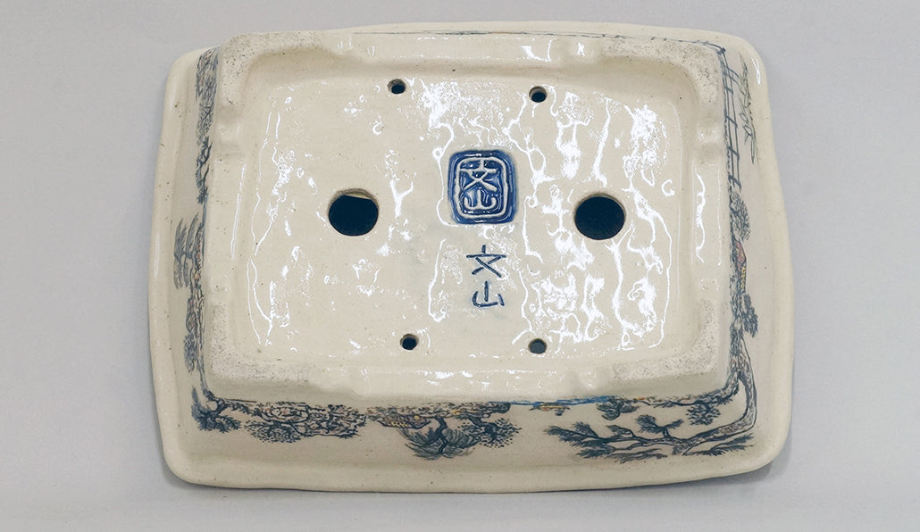 Painted Bonsai Pot with the countryside scenery by Bunzan 8.9"(22.8cm)B079 +++ Shipping Free　