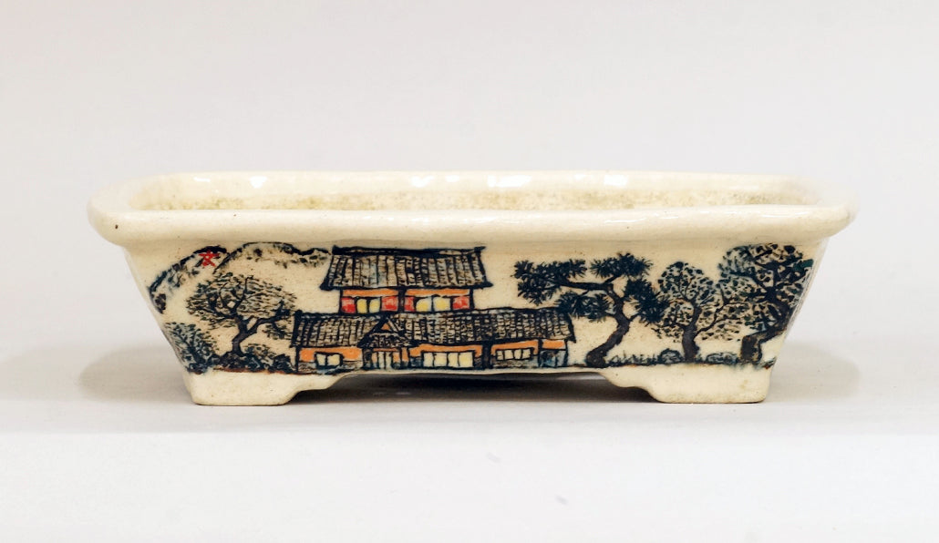 Painted Bonsai Pot with Scenery of Old Japanese House by Bunzan 8.5"(21.7cm)B080 +++ Shipping Free　