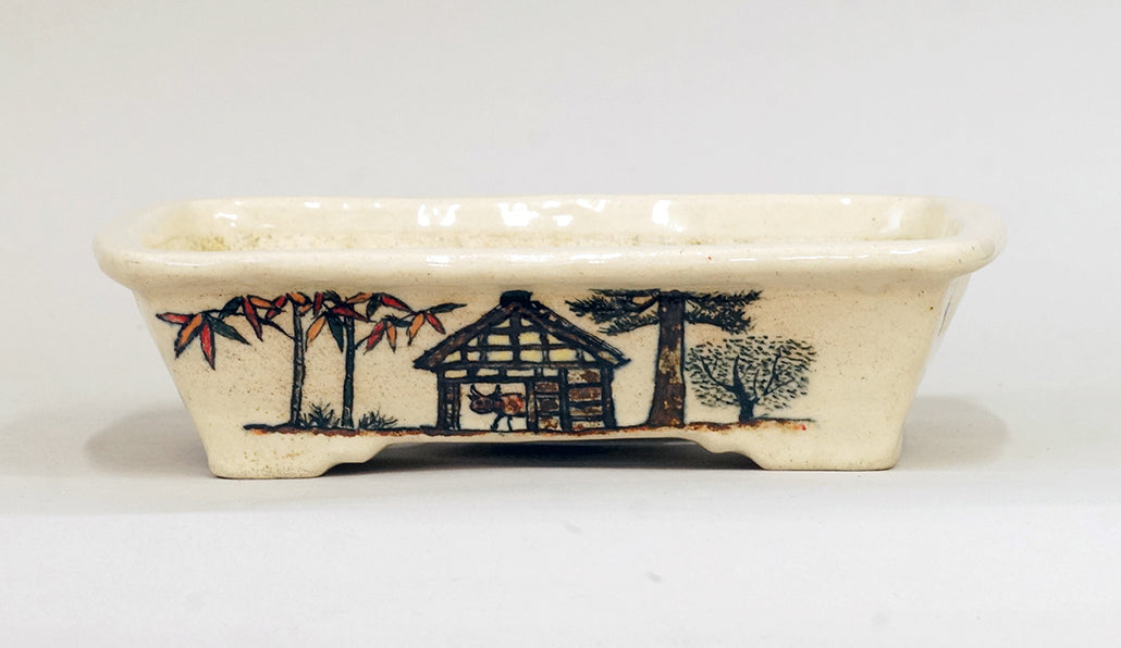 Painted Bonsai Pot with Scenery of Old Japanese House by Bunzan 8.5"(21.7cm)B080 +++ Shipping Free　