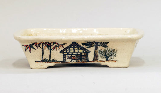 Painted Bonsai Pot with Scenery of Old Japanese House by Bunzan 8.5"(21.7cm)B080 +++ Shipping Free　