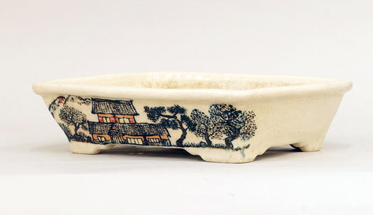 Painted Bonsai Pot with Scenery of Old Japanese House by Bunzan 8.5"(21.7cm)B080 +++ Shipping Free　
