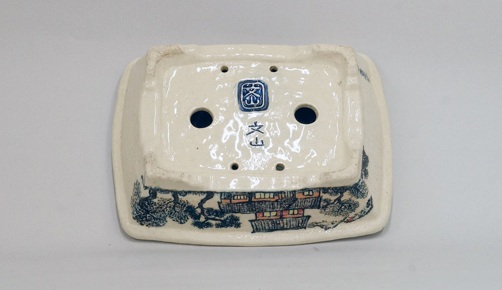Painted Bonsai Pot with Scenery of Old Japanese House by Bunzan 8.5"(21.7cm)B080 +++ Shipping Free　