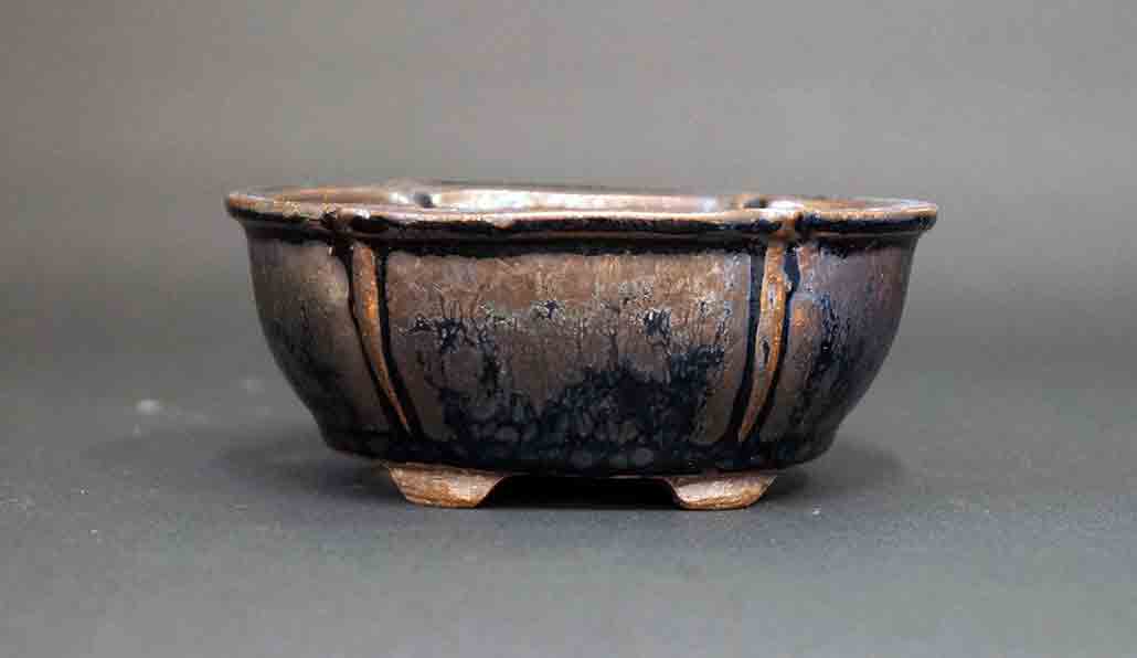 Metallic Feel! Tenmoku Glazed Oval Bonsai Pot by Shuuhou +++Shipping Free