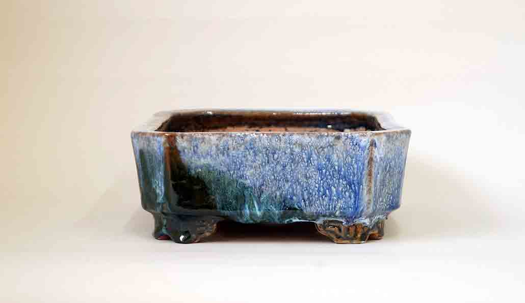 Running White! Rectangle Bonsai Pot in Green & Blue Glaze by Shuuhou 10"(27cm)