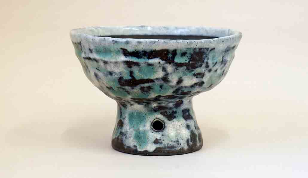 Bunzan Round Pot in White & Green Glaze, with High Feet 6.8"(17.5cm)+++Shipping Free