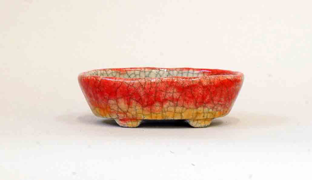 Red & Yellow! Oval Bonsai Pot by Bunzan 5"(13cm)+++ Shipping Free