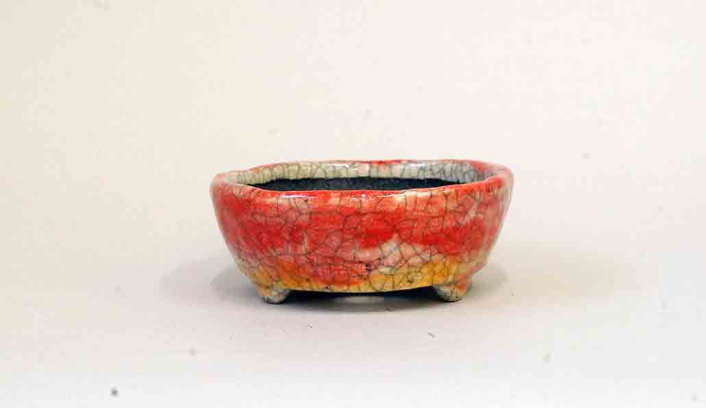 Red & Yellow! Oval Bonsai Pot by Bunzan 5"(13cm)+++ Shipping Free